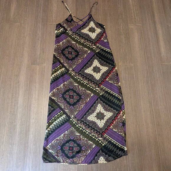 Jacaranda, Strappy Maxi Dress, Black/Purple/Red Paisley Bandana Print, Sz L - Picture 2 of 10